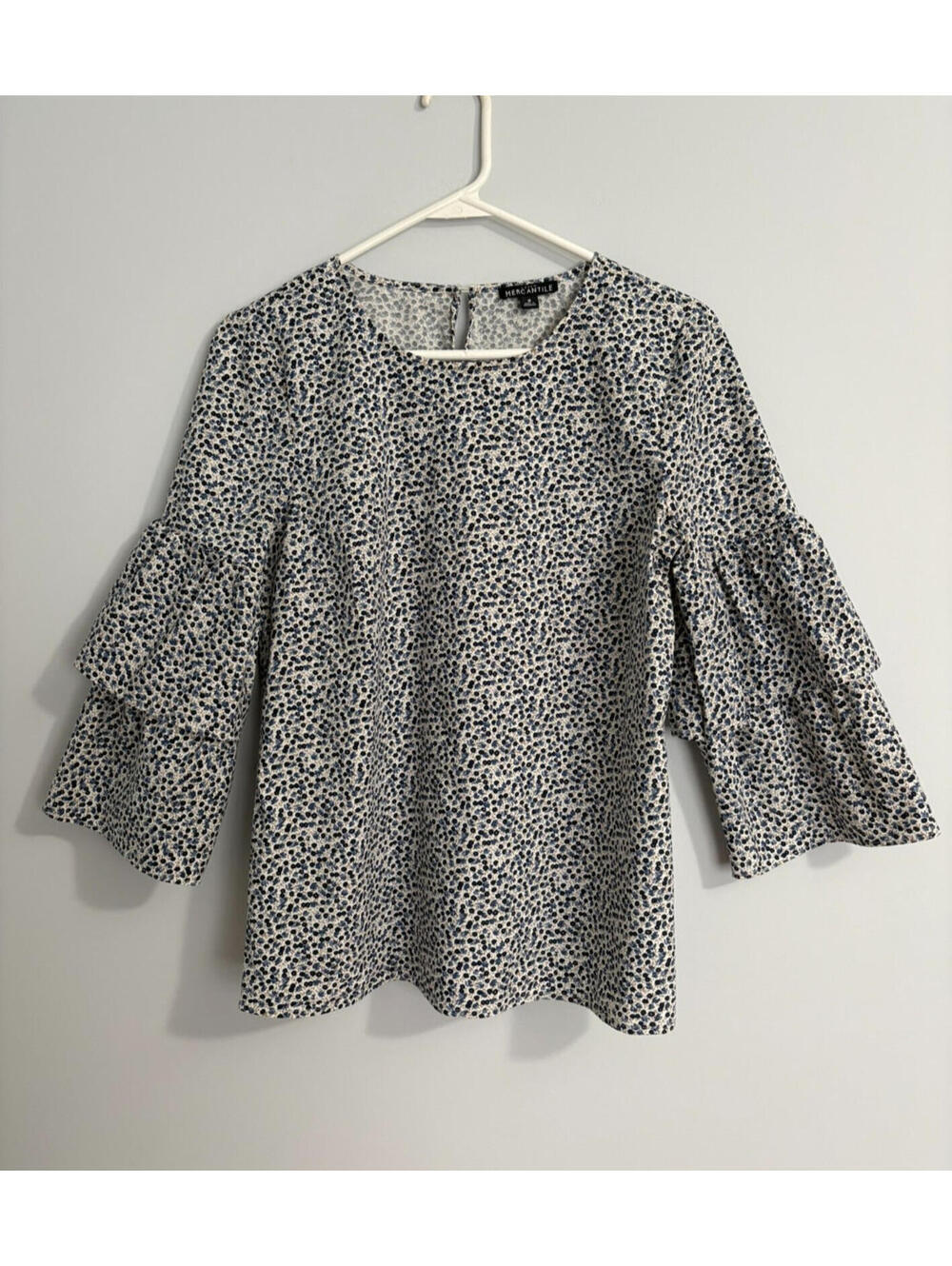 J. Crew Mercantile Size 8 Cotton Spandex Top 3/4 Bell Sleeves Blue Floral Print